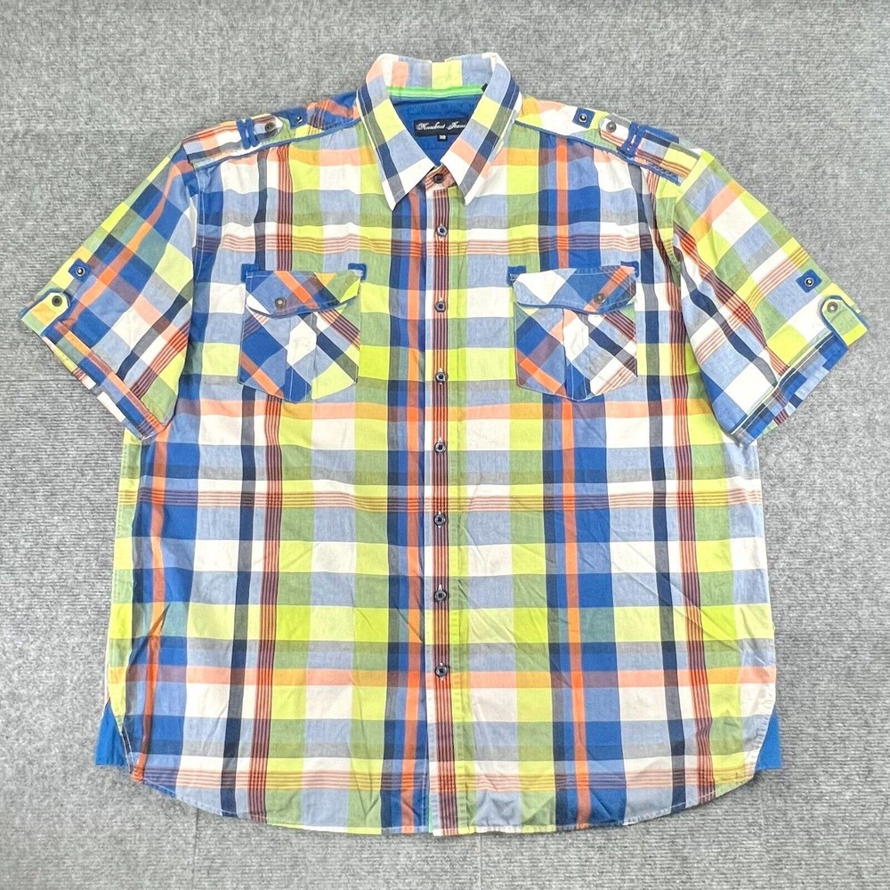 Knockout Jeans Button Up Shirt Mens 3XB Plaid Snap Roll Tab Sleeves & Shoulders